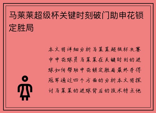 马莱莱超级杯关键时刻破门助申花锁定胜局