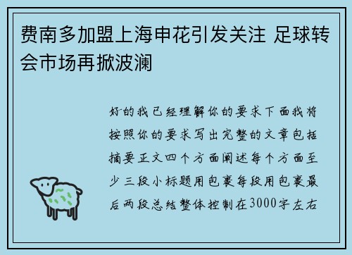 费南多加盟上海申花引发关注 足球转会市场再掀波澜