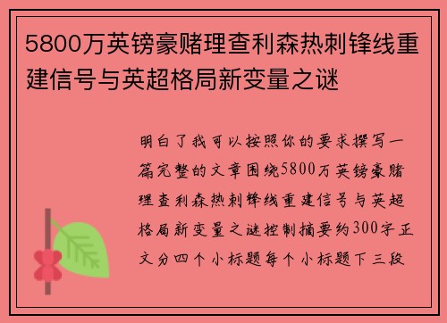 5800万英镑豪赌理查利森热刺锋线重建信号与英超格局新变量之谜 5800万英镑豪赌理查利森热刺锋线重建信号与英超格局新变量之谜
